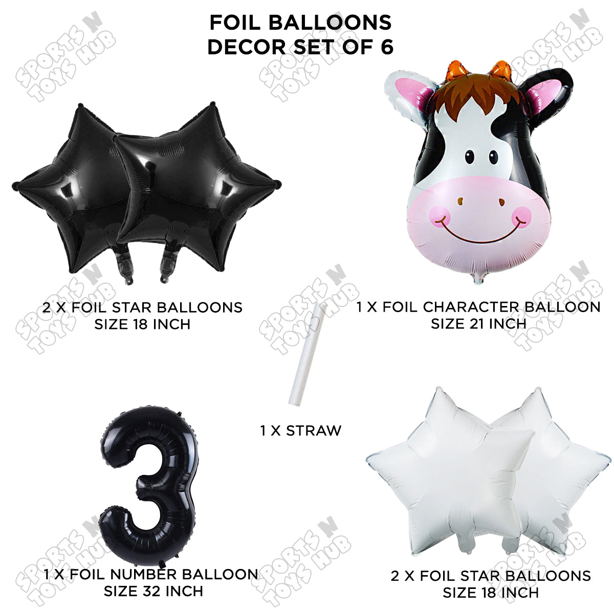 Cow Face Pack Of 6 Foil Balloon Set With 32 Inch Foil Number