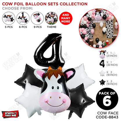 Cow Face Pack Of 6 Foil Balloon Set With 32 Inch Foil Number