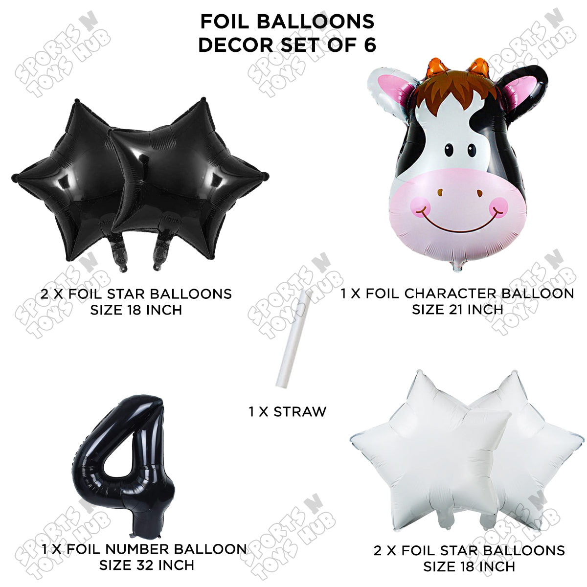 Cow Face Pack Of 6 Foil Balloon Set With 32 Inch Foil Number