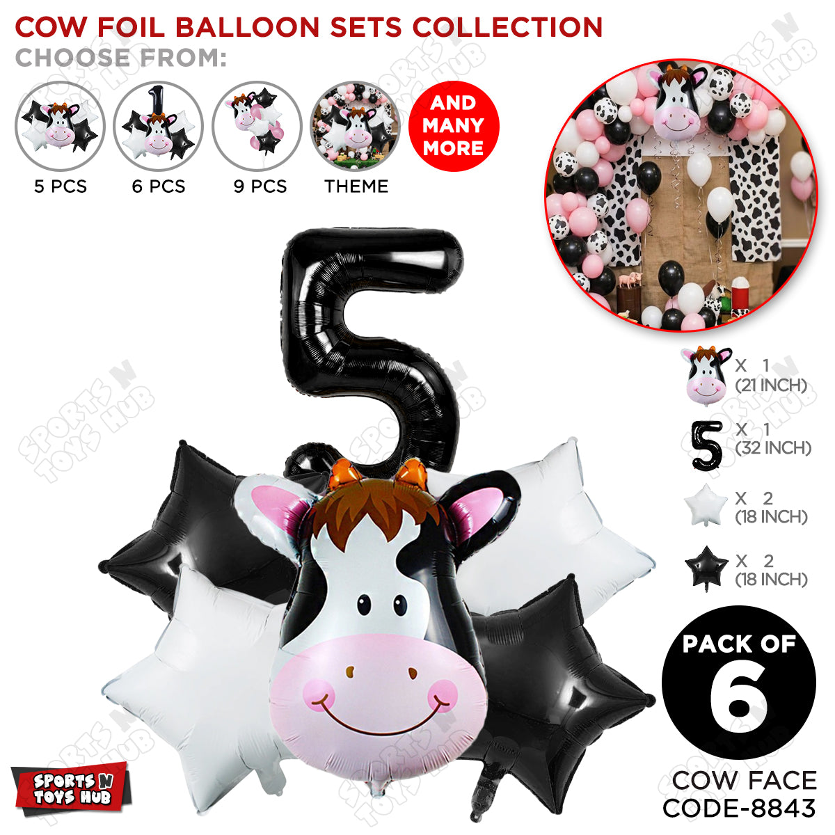Cow Face Pack Of 6 Foil Balloon Set With 32 Inch Foil Number