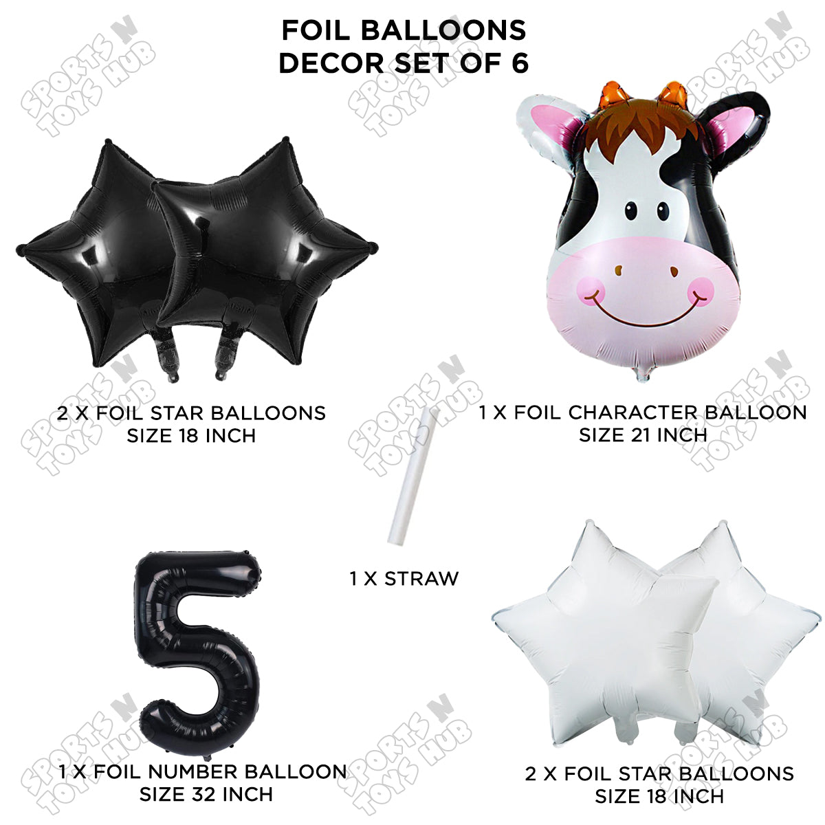 Cow Face Pack Of 6 Foil Balloon Set With 32 Inch Foil Number