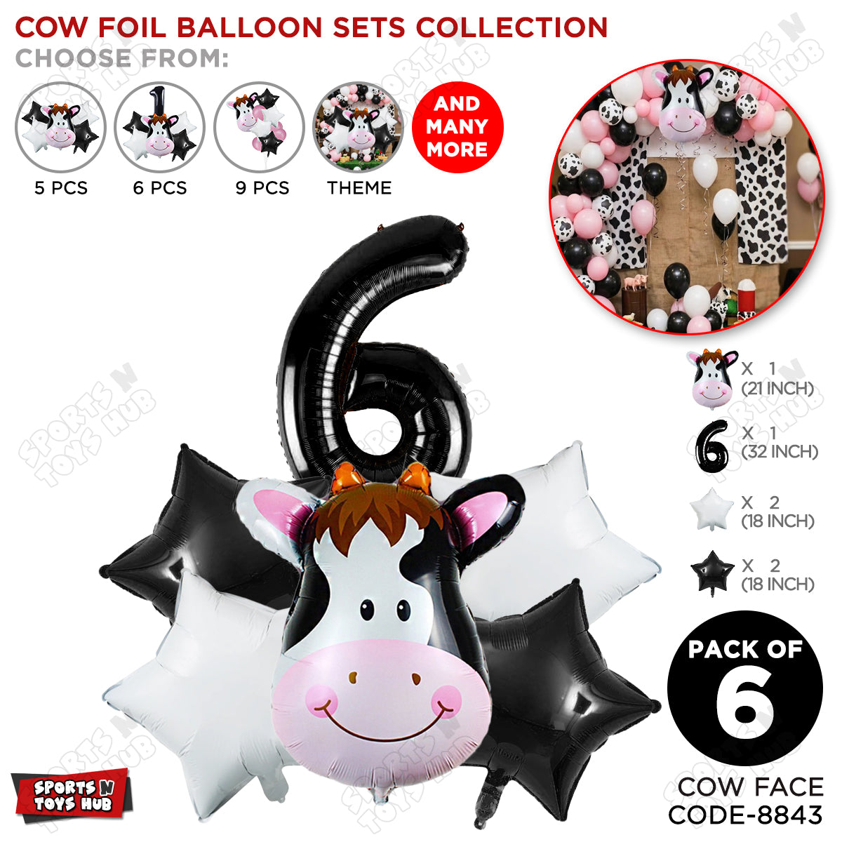Cow Face Pack Of 6 Foil Balloon Set With 32 Inch Foil Number
