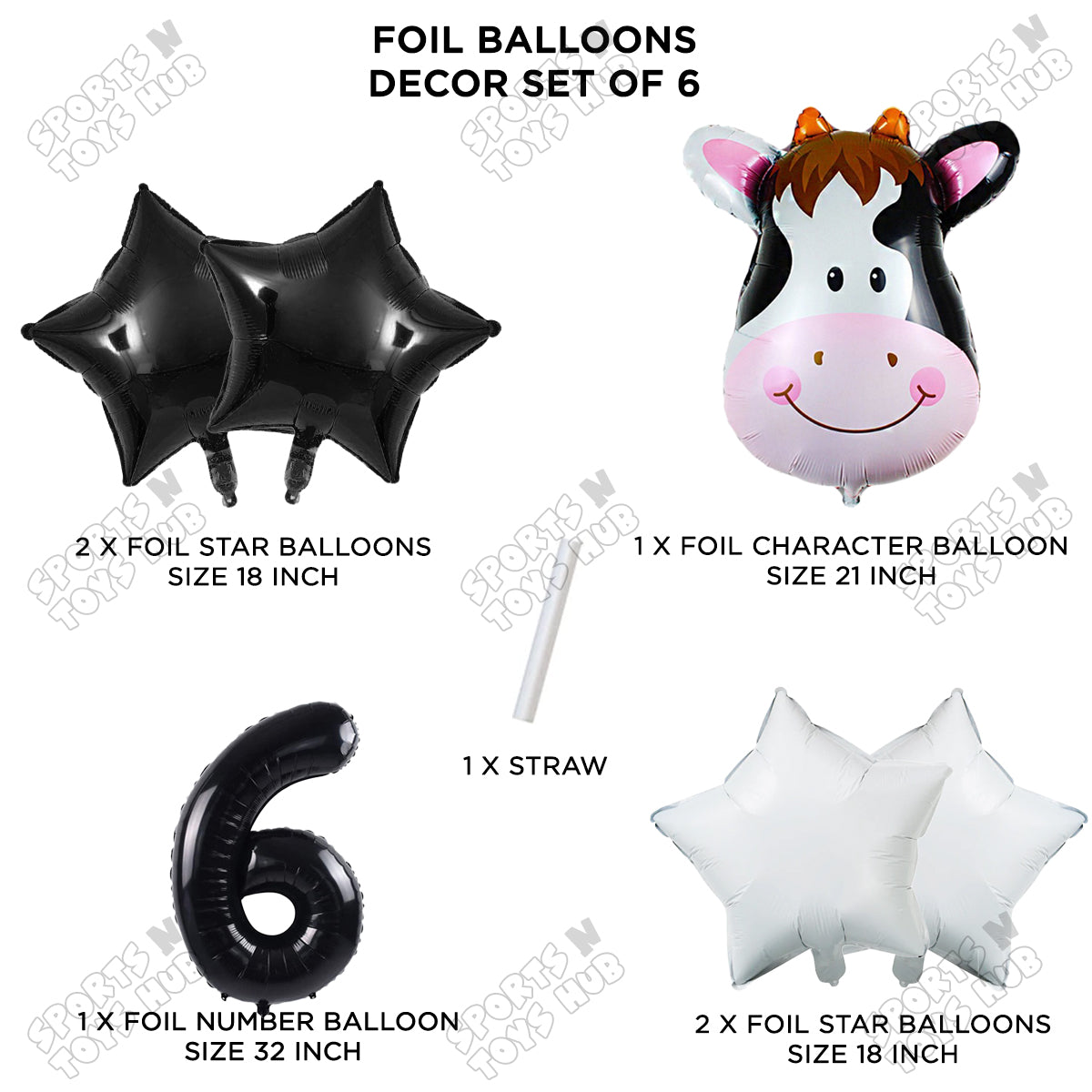 Cow Face Pack Of 6 Foil Balloon Set With 32 Inch Foil Number