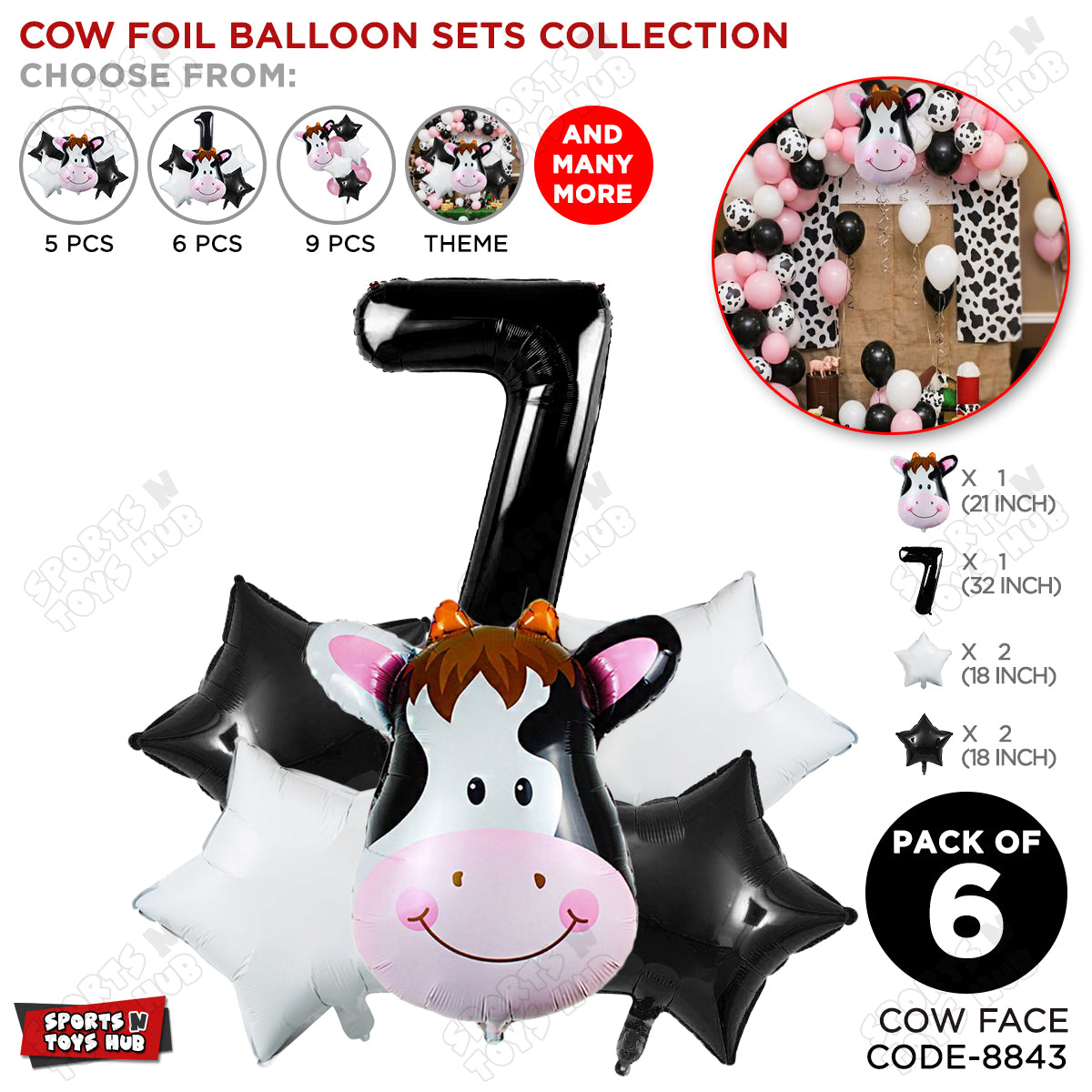 Cow Face Pack Of 6 Foil Balloon Set With 32 Inch Foil Number