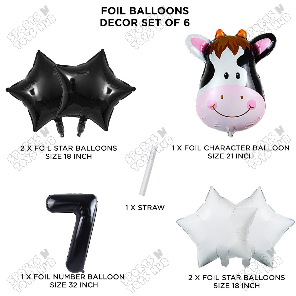 Cow Face Pack Of 6 Foil Balloon Set With 32 Inch Foil Number