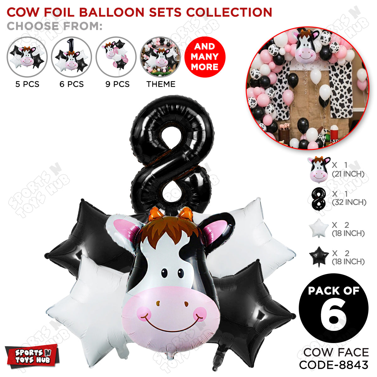 Cow Face Pack Of 6 Foil Balloon Set With 32 Inch Foil Number