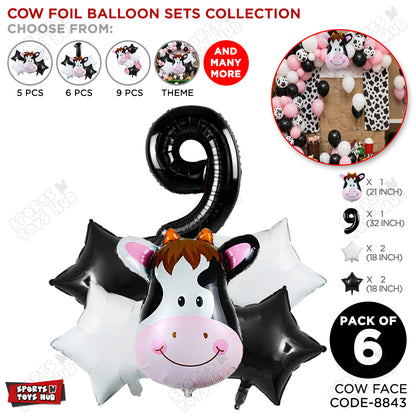 Cow Face Pack Of 6 Foil Balloon Set With 32 Inch Foil Number