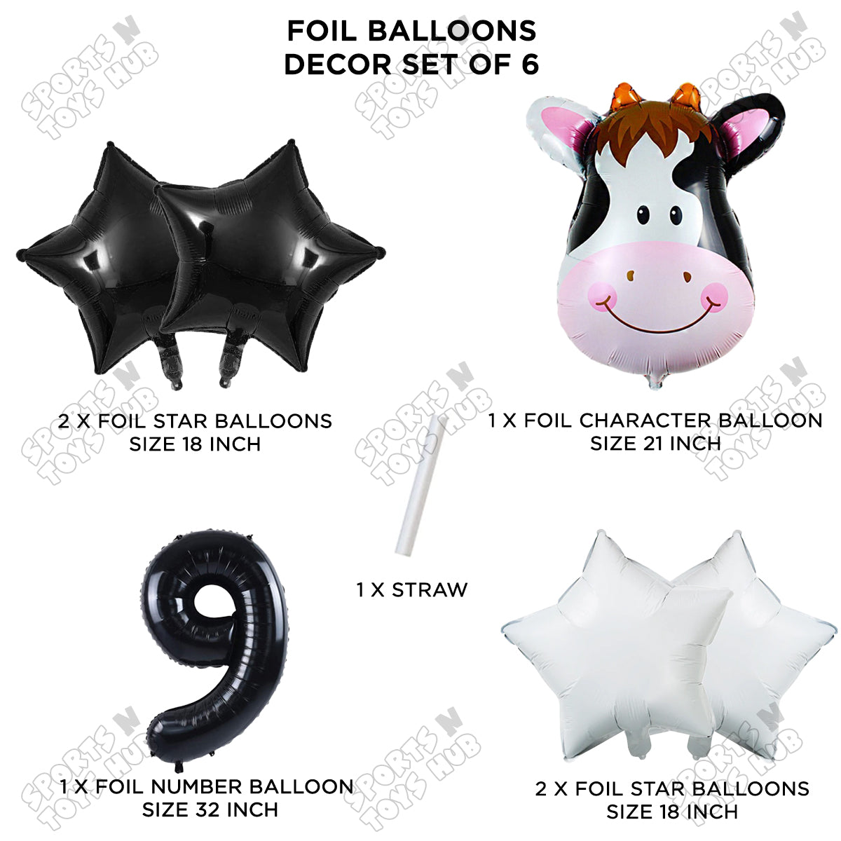 Cow Face Pack Of 6 Foil Balloon Set With 32 Inch Foil Number