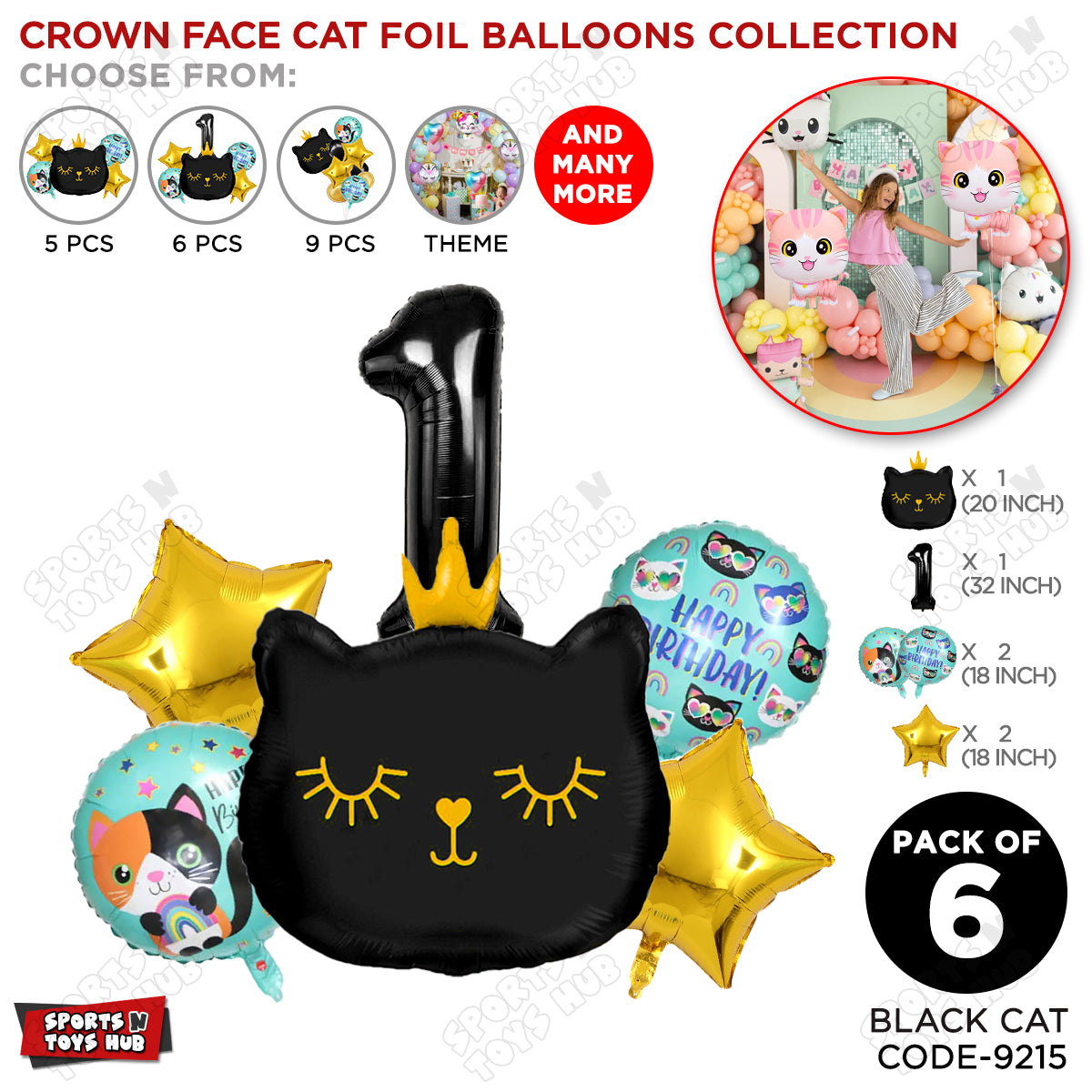 Cartoon Crown Kitten Cat Pack Of 6 Character Foil Balloon