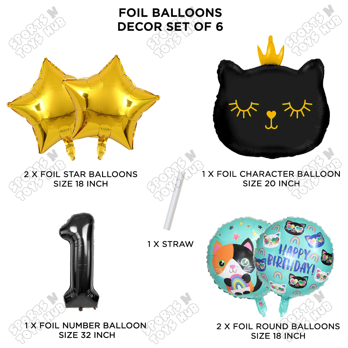 Cartoon Crown Kitten Cat Pack Of 6 Character Foil Balloon