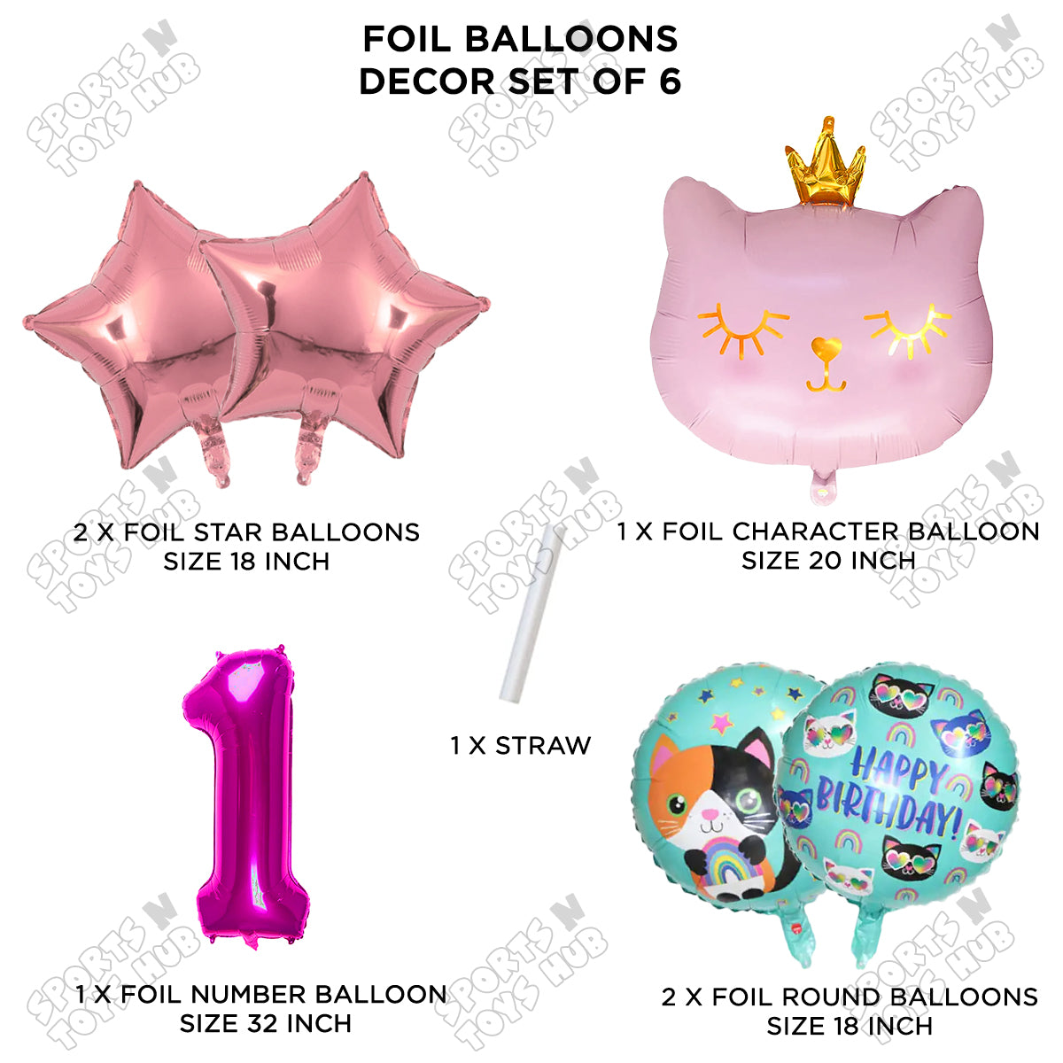 Cartoon Crown Pink Kitten Cat Pack Of 6 Character Foil Balloon