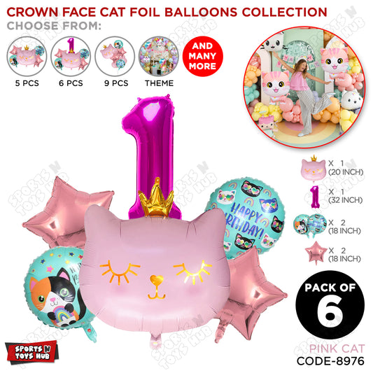 Cartoon Crown Pink Kitten Cat Pack Of 6 Character Foil Balloon