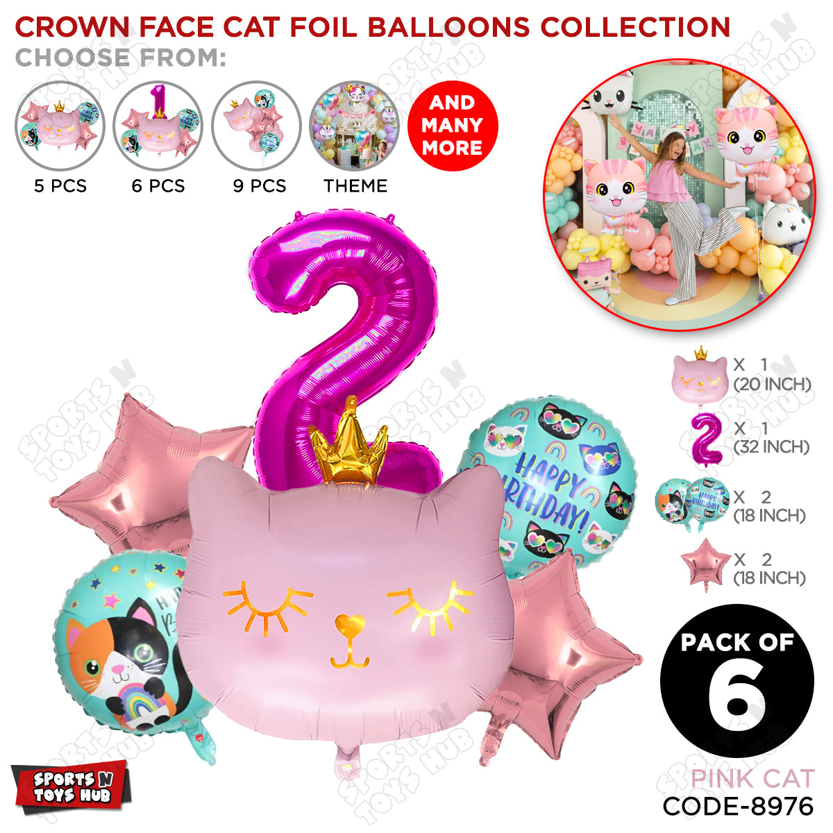 Cartoon Crown Pink Kitten Cat Pack Of 6 Character Foil Balloon