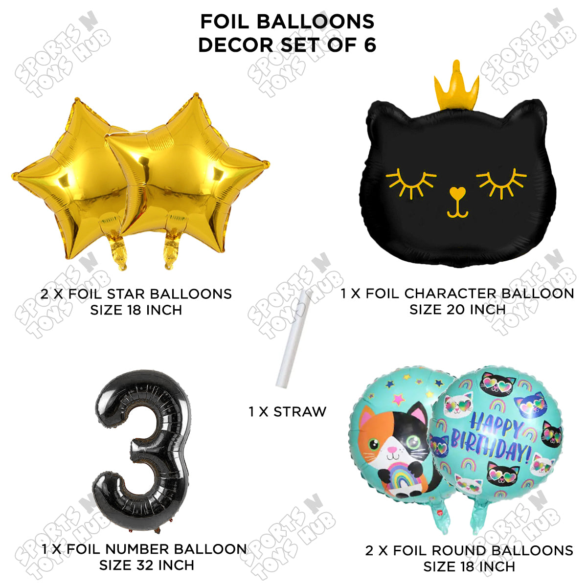 Cartoon Crown Kitten Cat Pack Of 6 Character Foil Balloon