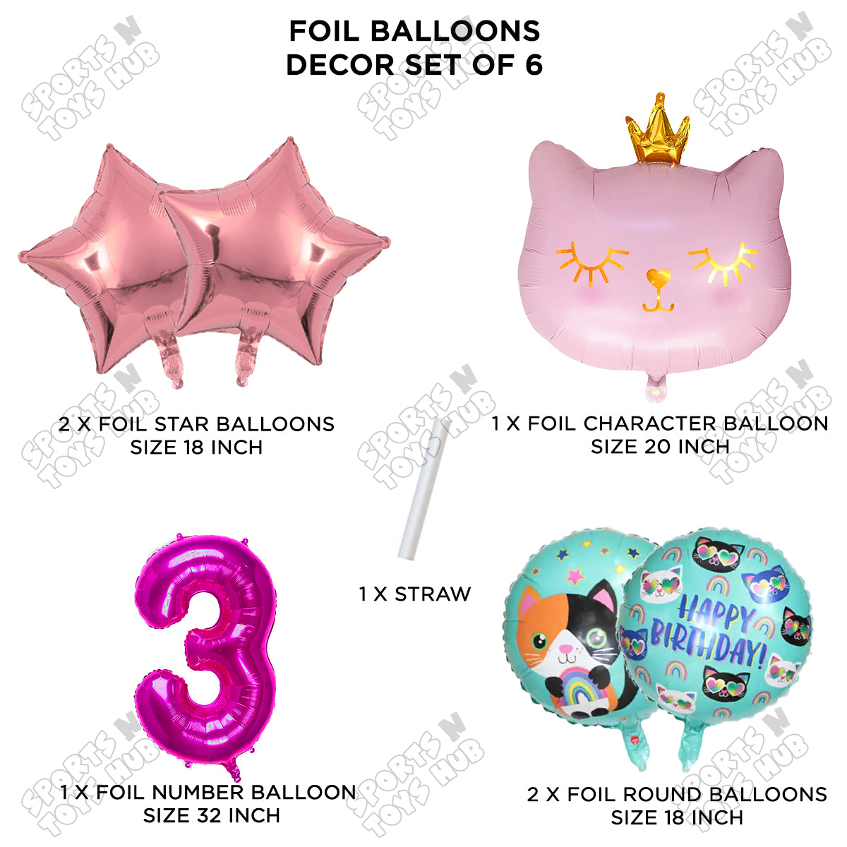 Cartoon Crown Pink Kitten Cat Pack Of 6 Character Foil Balloon