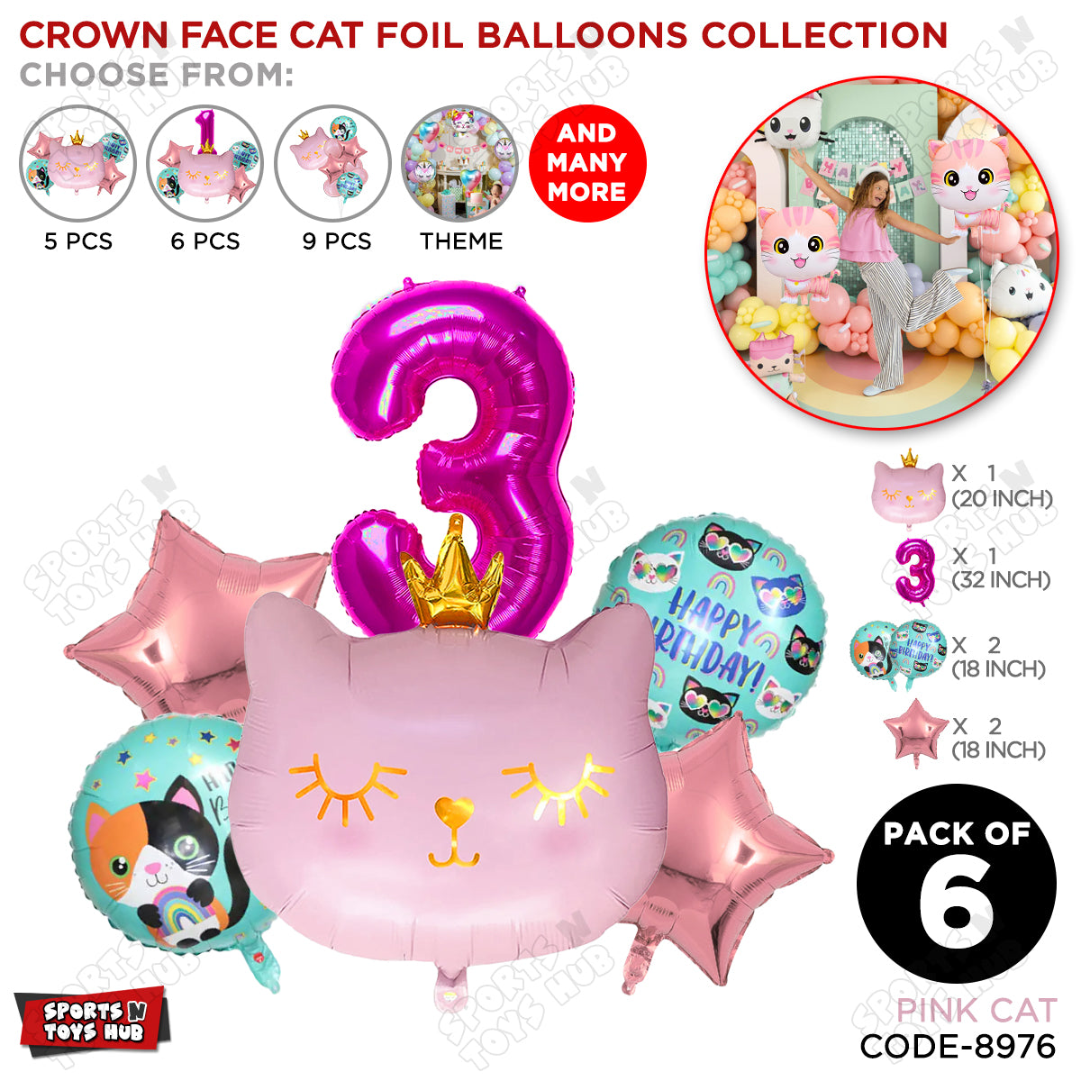Cartoon Crown Pink Kitten Cat Pack Of 6 Character Foil Balloon