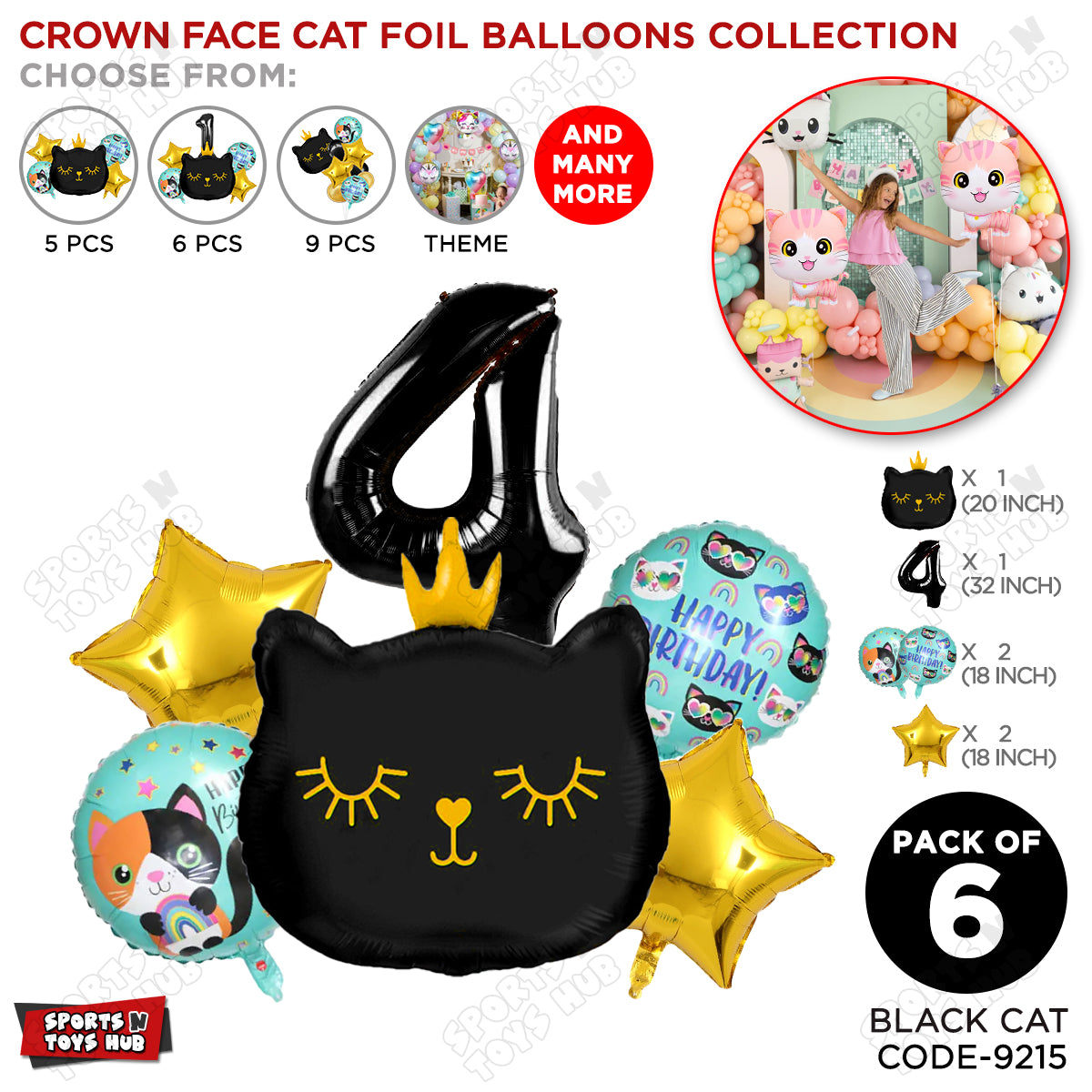 Cartoon Crown Kitten Cat Pack Of 6 Character Foil Balloon