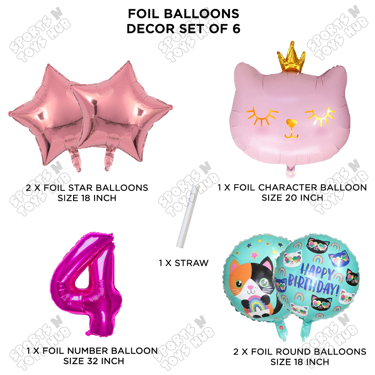 Cartoon Crown Pink Kitten Cat Pack Of 6 Character Foil Balloon