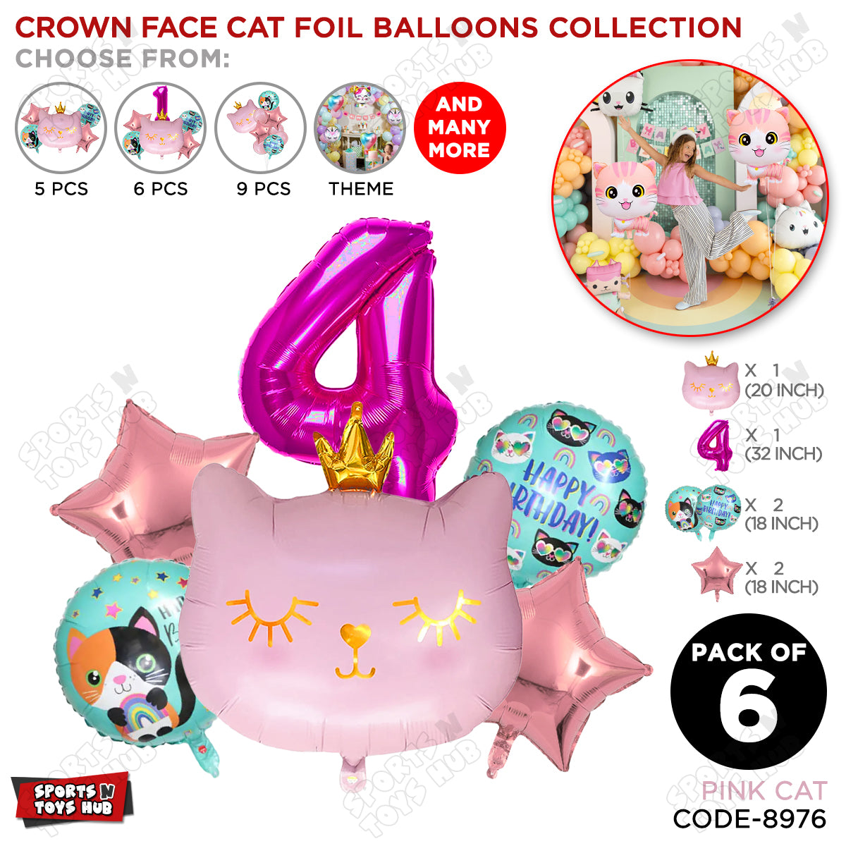 Cartoon Crown Pink Kitten Cat Pack Of 6 Character Foil Balloon