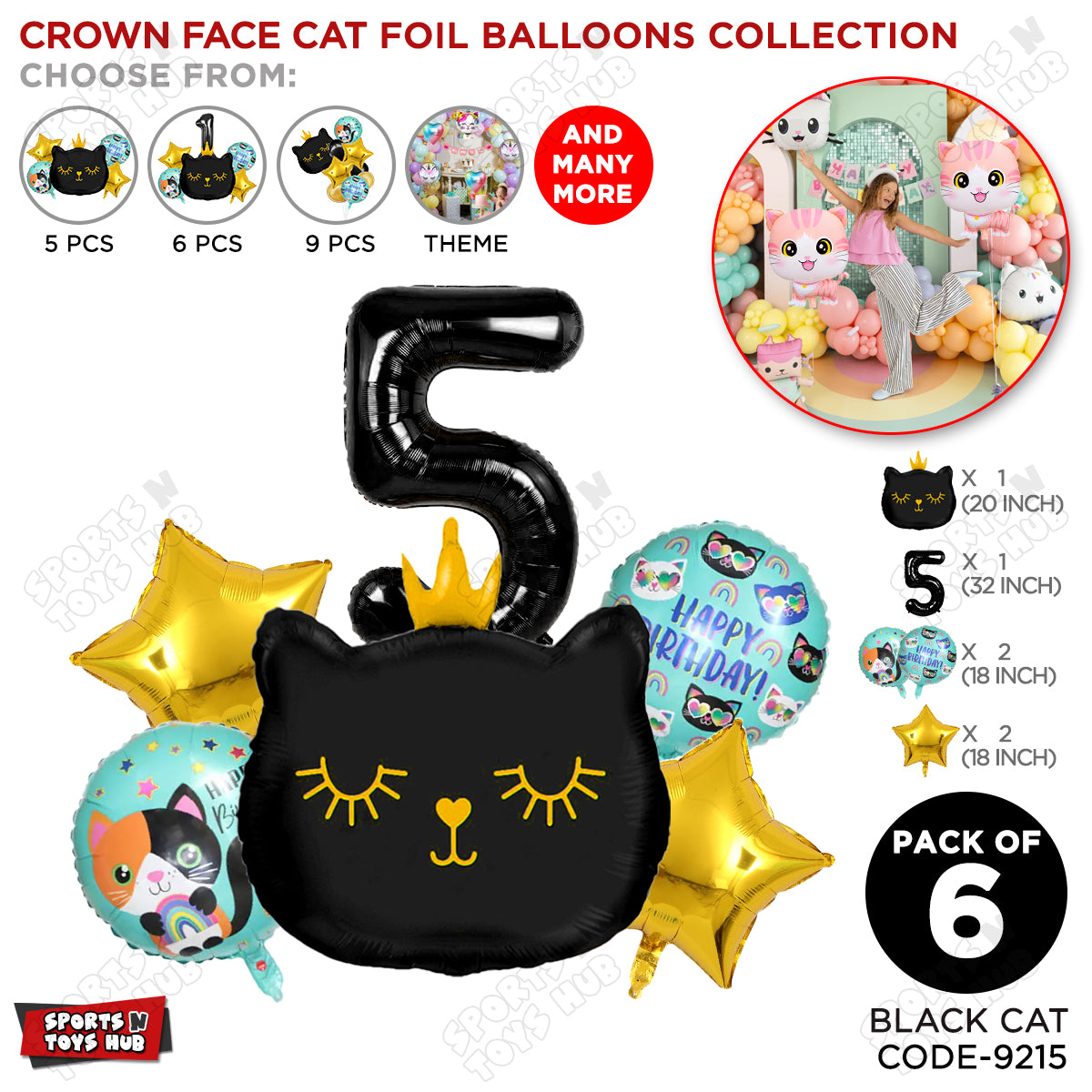 Cartoon Crown Kitten Cat Pack Of 6 Character Foil Balloon