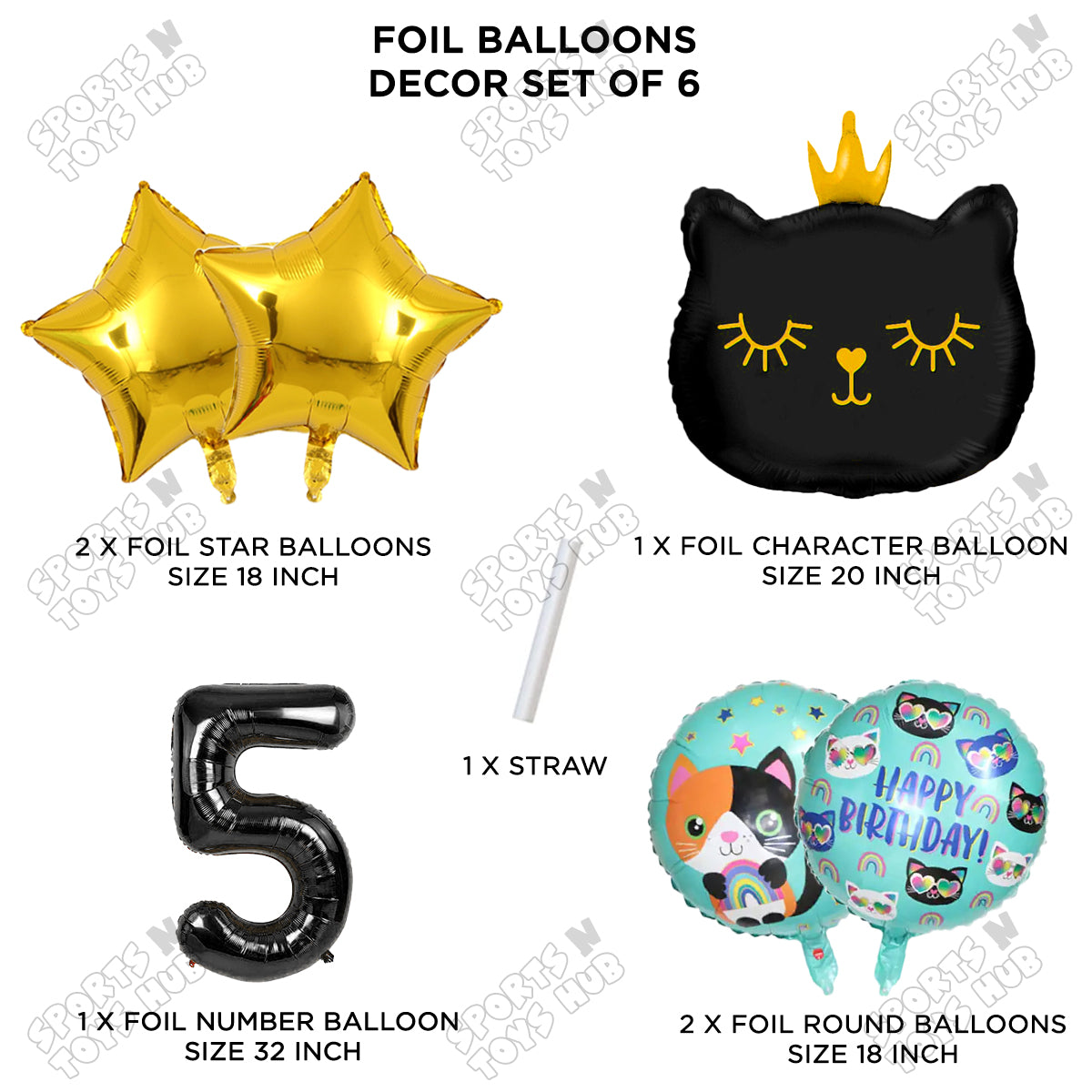 Cartoon Crown Kitten Cat Pack Of 6 Character Foil Balloon