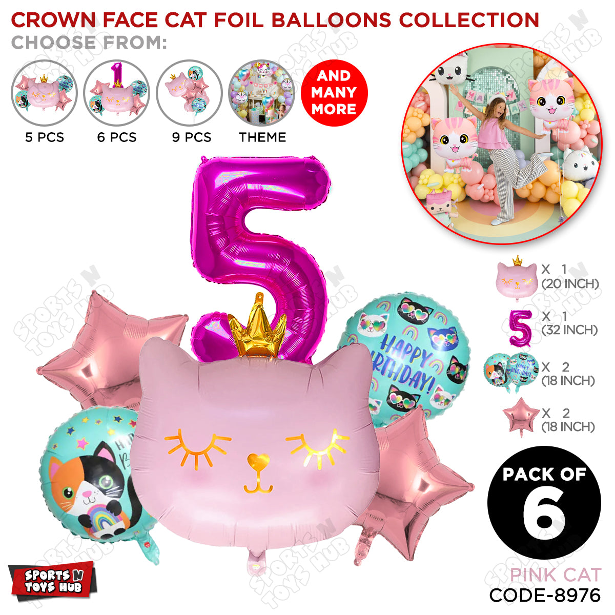 Cartoon Crown Pink Kitten Cat Pack Of 6 Character Foil Balloon