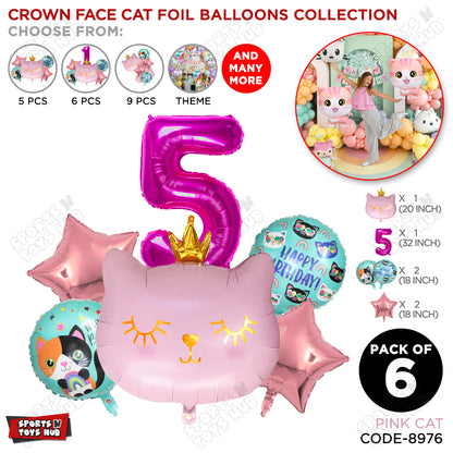 Cartoon Crown Pink Kitten Cat Pack Of 6 Character Foil Balloon
