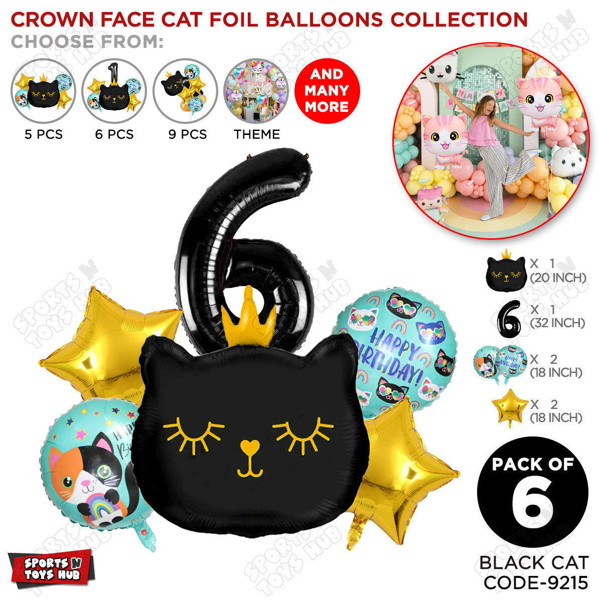 Cartoon Crown Kitten Cat Pack Of 6 Character Foil Balloon