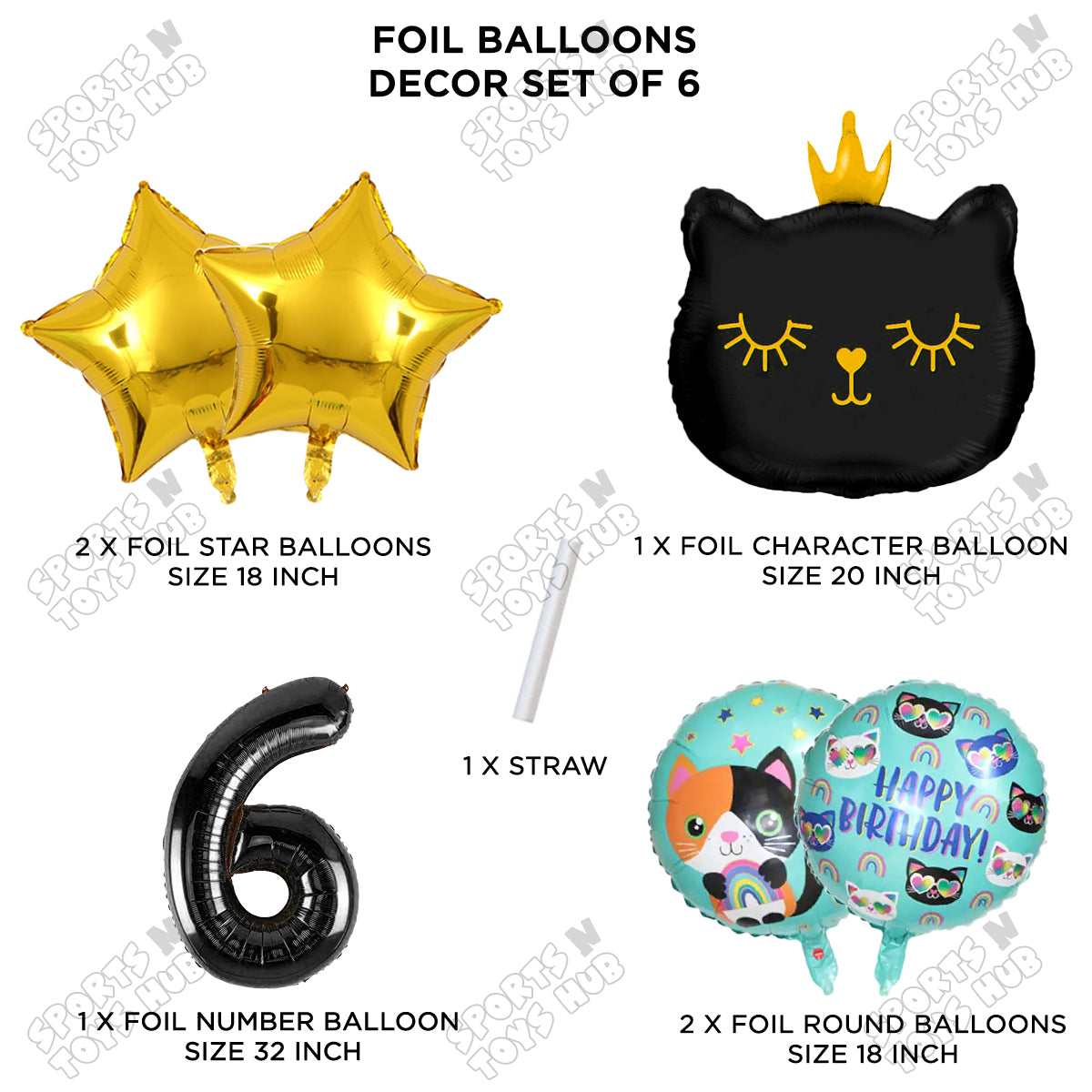 Cartoon Crown Kitten Cat Pack Of 6 Character Foil Balloon