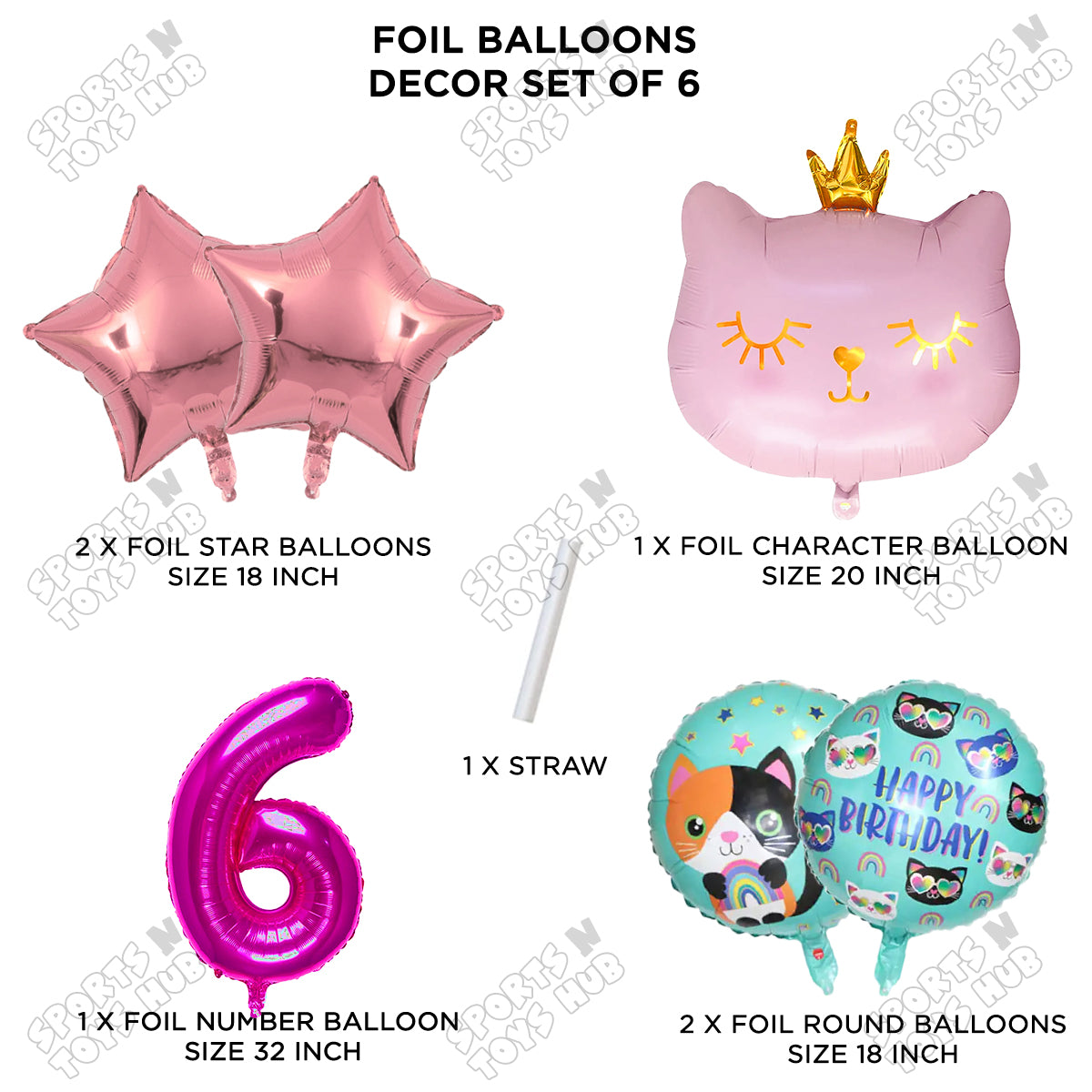 Cartoon Crown Pink Kitten Cat Pack Of 6 Character Foil Balloon