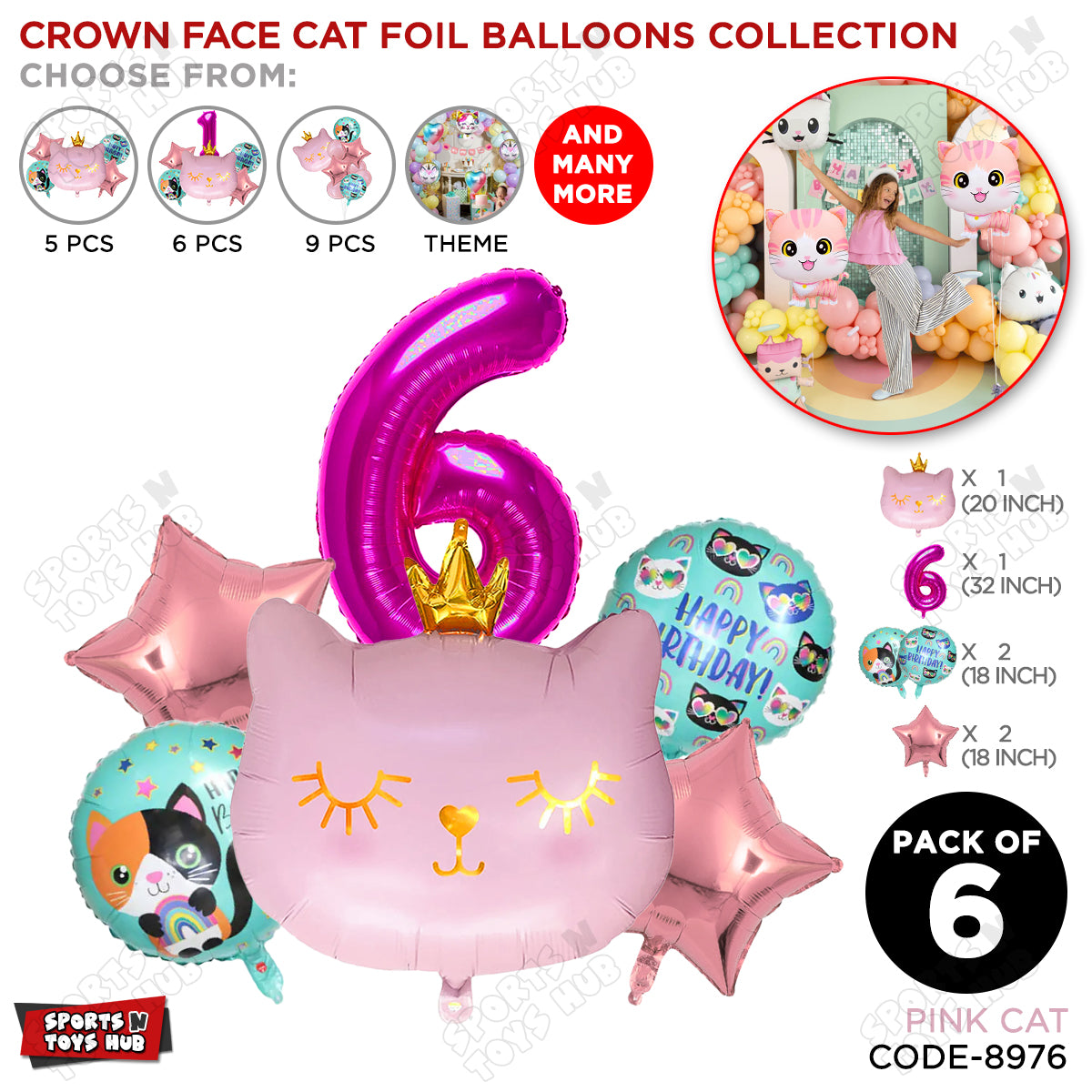 Cartoon Crown Pink Kitten Cat Pack Of 6 Character Foil Balloon