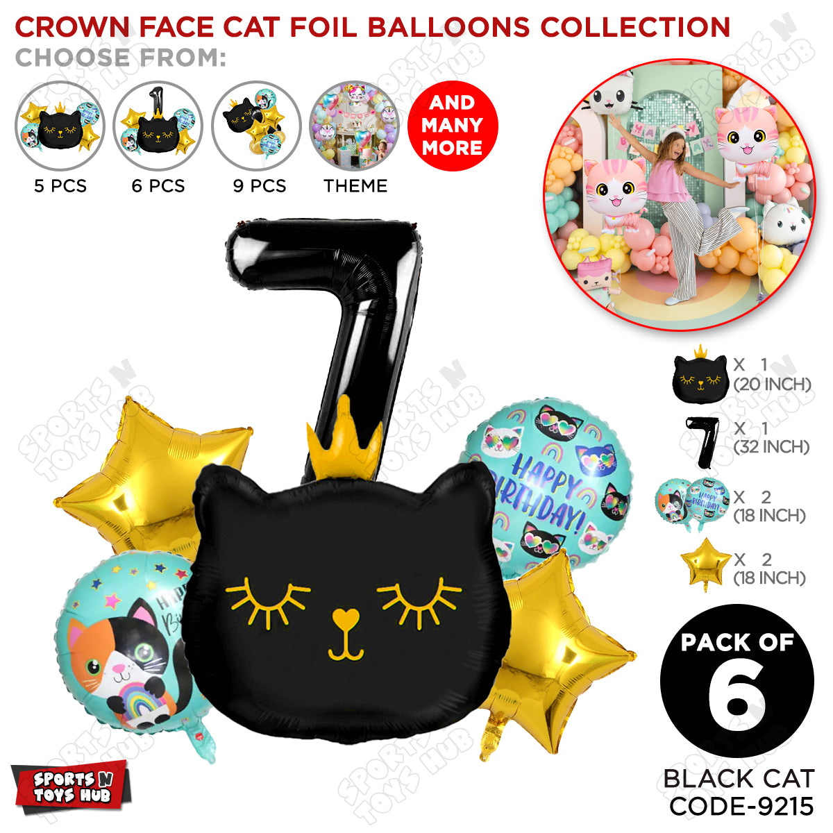 Cartoon Crown Kitten Cat Pack Of 6 Character Foil Balloon