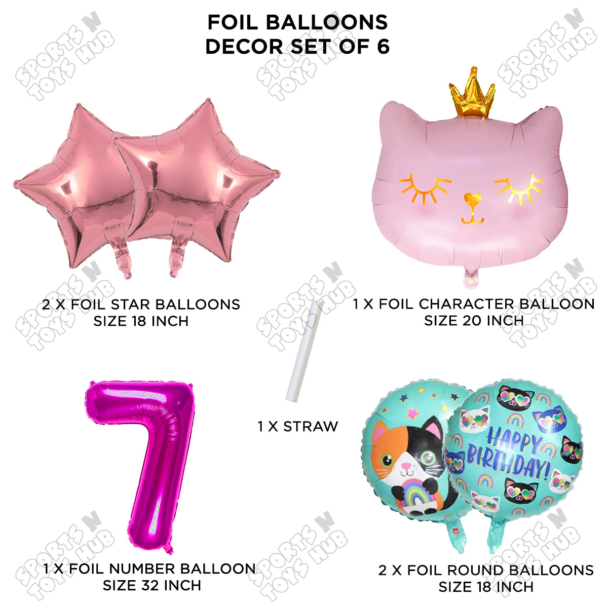 Cartoon Crown Pink Kitten Cat Pack Of 6 Character Foil Balloon