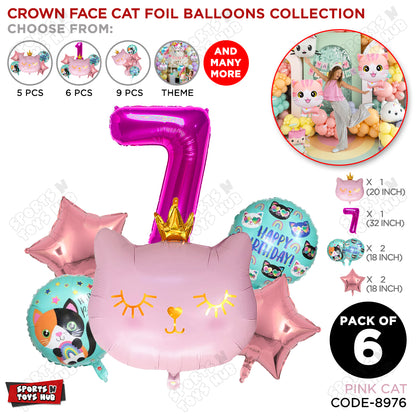 Cartoon Crown Pink Kitten Cat Pack Of 6 Character Foil Balloon