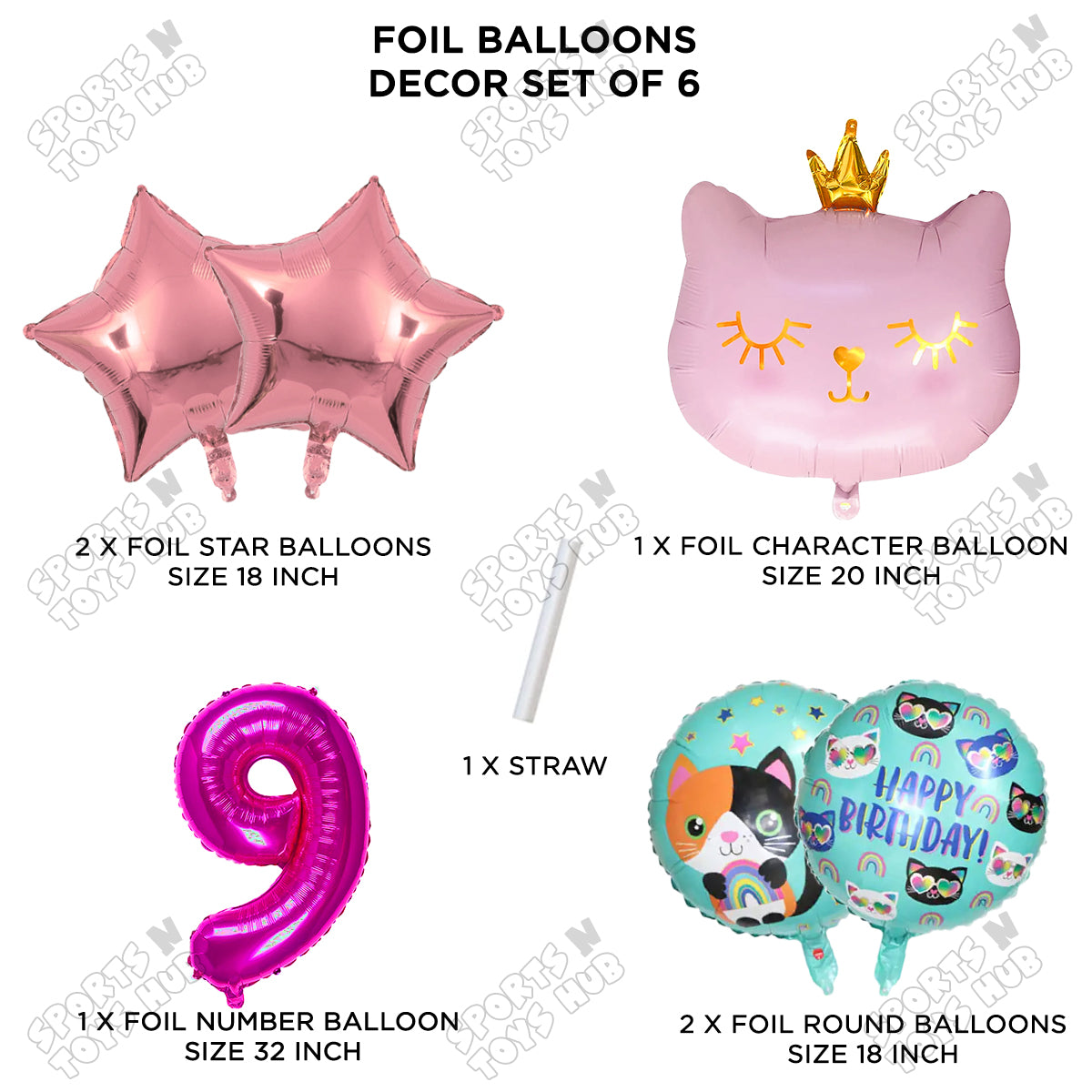 Cartoon Crown Pink Kitten Cat Pack Of 6 Character Foil Balloon