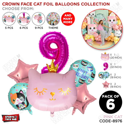 Cartoon Crown Pink Kitten Cat Pack Of 6 Character Foil Balloon
