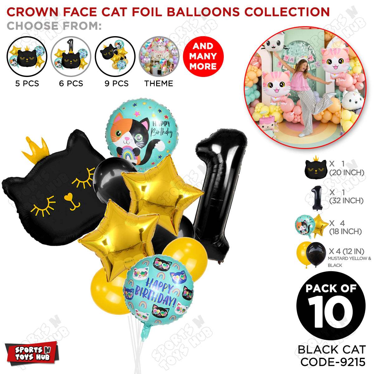 Cartoon Character Crown Cat Foil Balloon - Pack Of 10