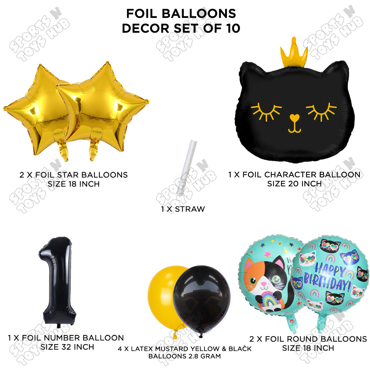 Cartoon Character Crown Cat Foil Balloon - Pack Of 10