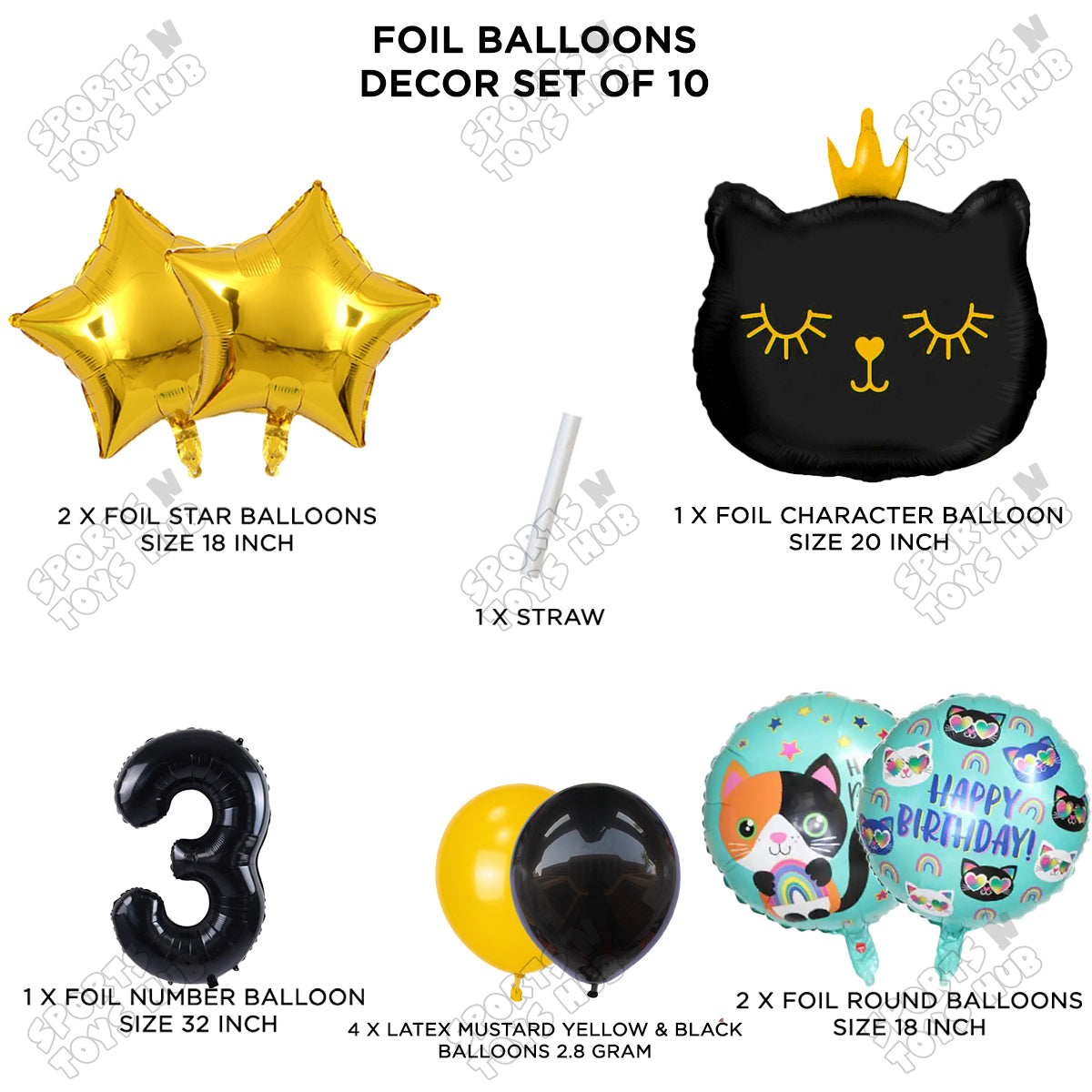 Cartoon Character Crown Cat Foil Balloon - Pack Of 10