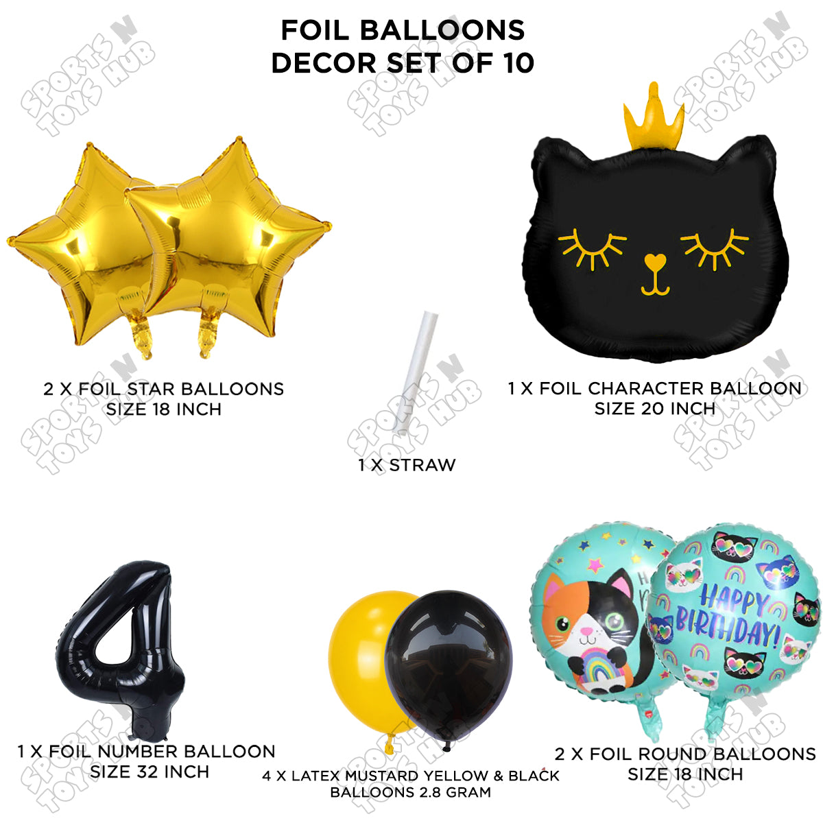 Cartoon Character Crown Cat Foil Balloon - Pack Of 10
