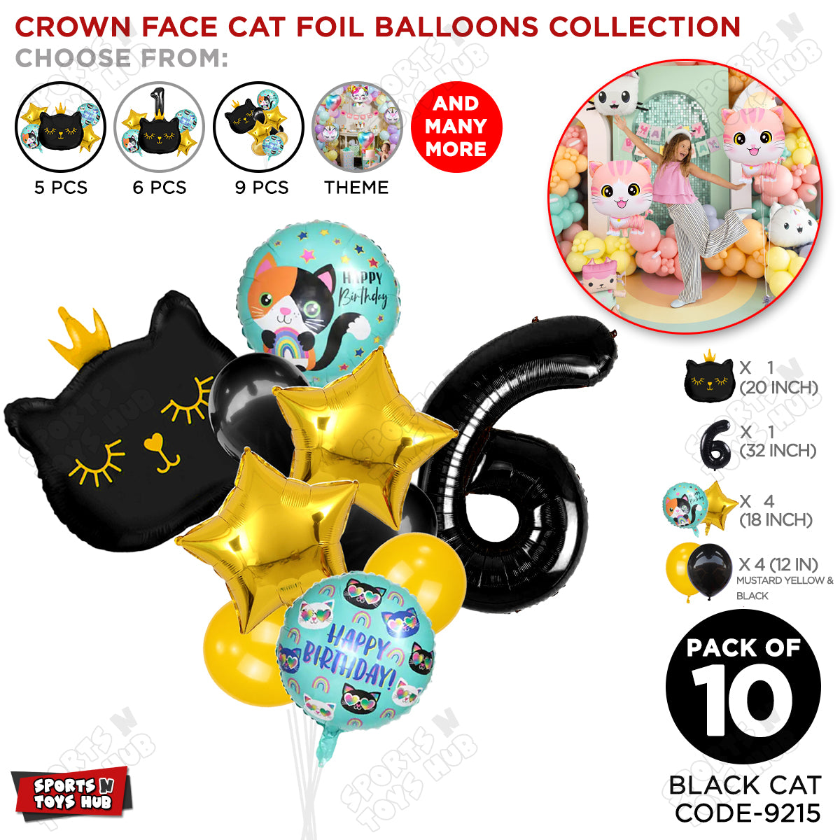 Cartoon Character Crown Cat Foil Balloon - Pack Of 10