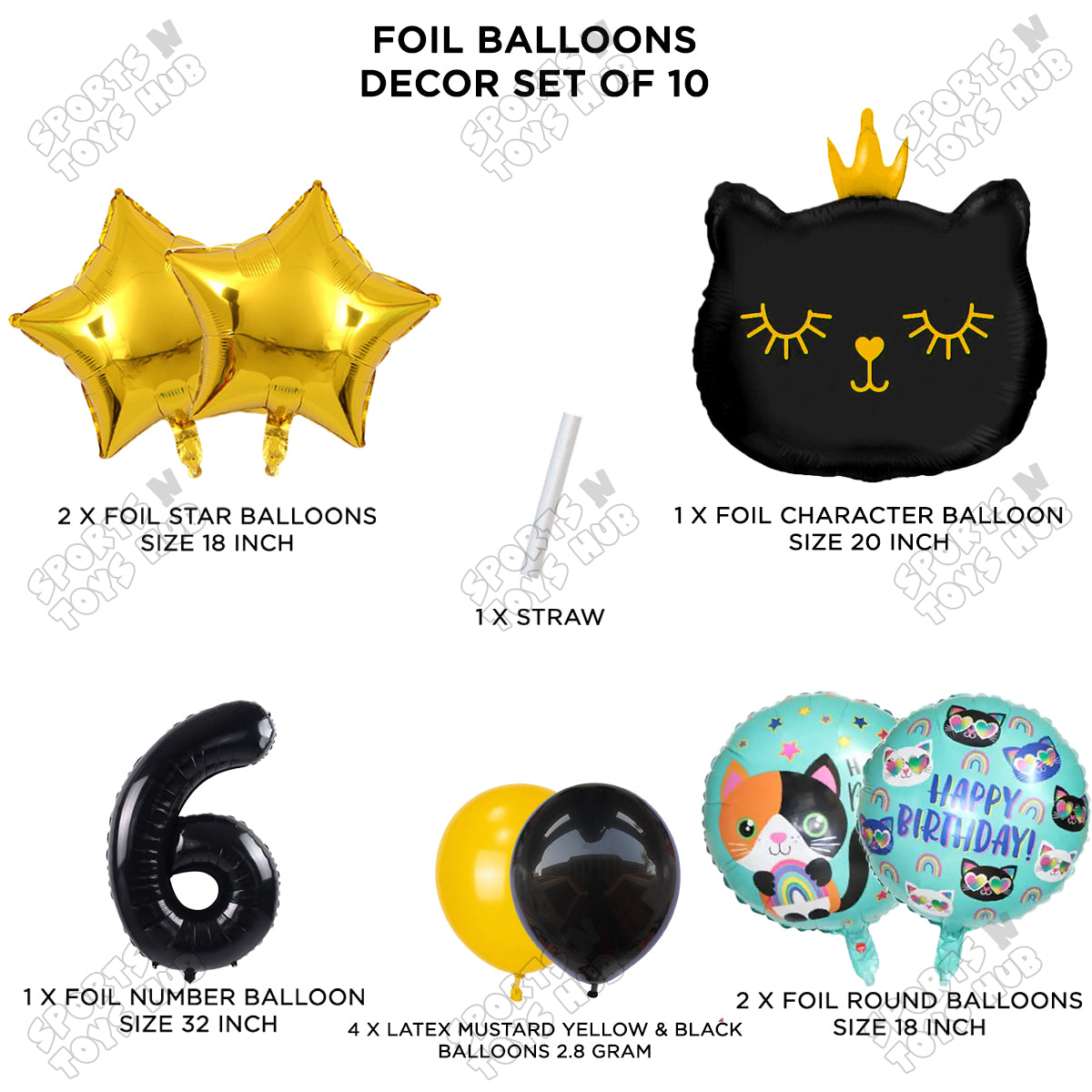 Cartoon Character Crown Cat Foil Balloon - Pack Of 10