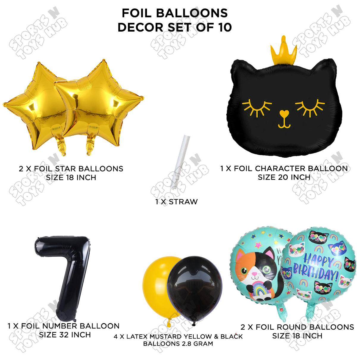 Cartoon Character Crown Cat Foil Balloon - Pack Of 10