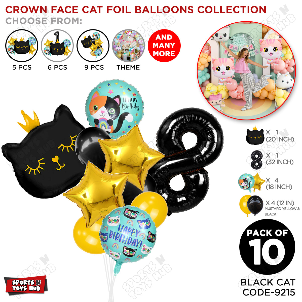 Cartoon Character Crown Cat Foil Balloon - Pack Of 10