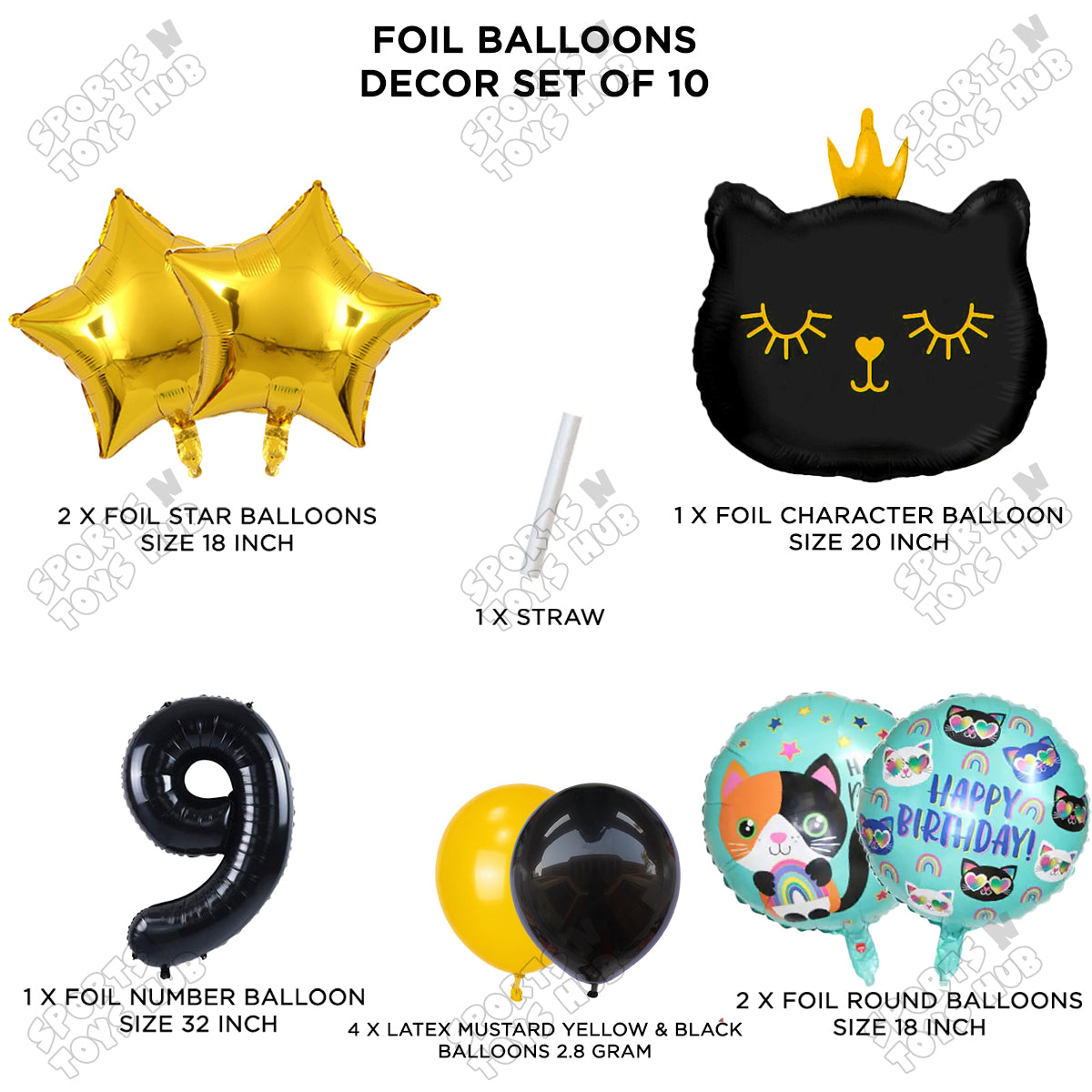 Cartoon Character Crown Cat Foil Balloon - Pack Of 10