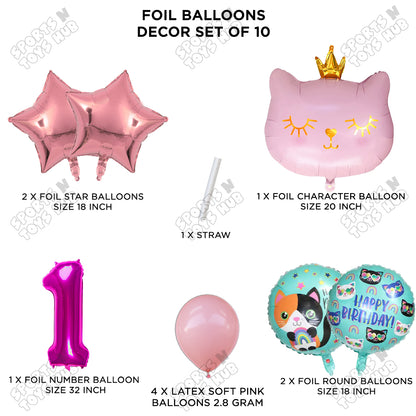Cartoon Character Crown Pink Kitten Cat Foil Balloon - Pack Of 10