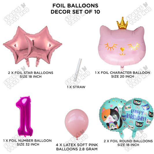 Cartoon Character Crown Pink Kitten Cat Foil Balloon - Pack Of 10