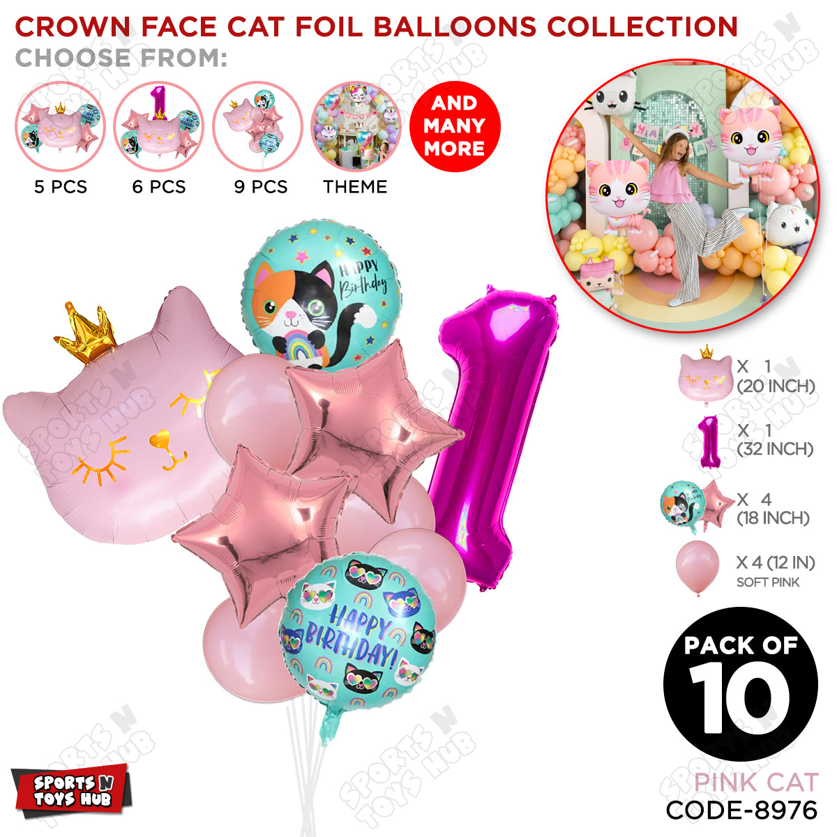 Cartoon Character Crown Pink Kitten Cat Foil Balloon - Pack Of 10