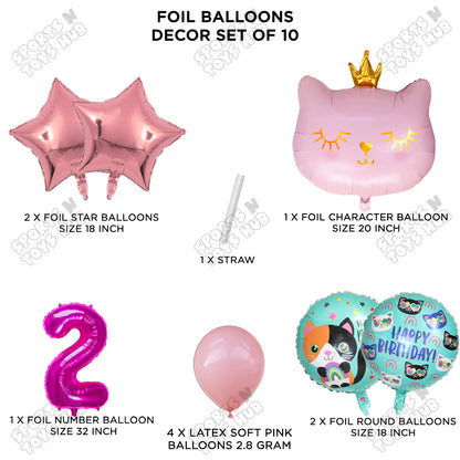 Cartoon Character Crown Pink Kitten Cat Foil Balloon - Pack Of 10