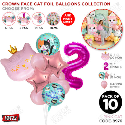Cartoon Character Crown Pink Kitten Cat Foil Balloon - Pack Of 10